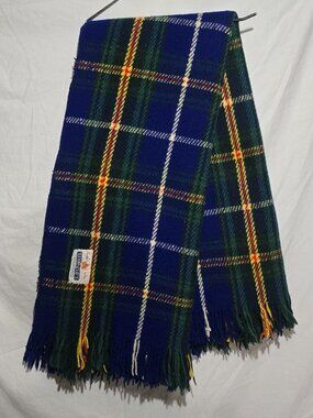 Stanfield's Nova Scotia Tartan Wool Throw Blanket Blue Green Yellow White 56x62